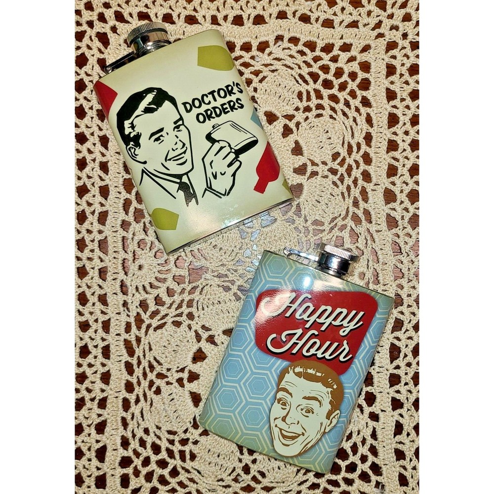2 Cheeky Wembley Stainless Steel 4 oz. Flasks 'Happy Hour' and 'Doctor's Orders'